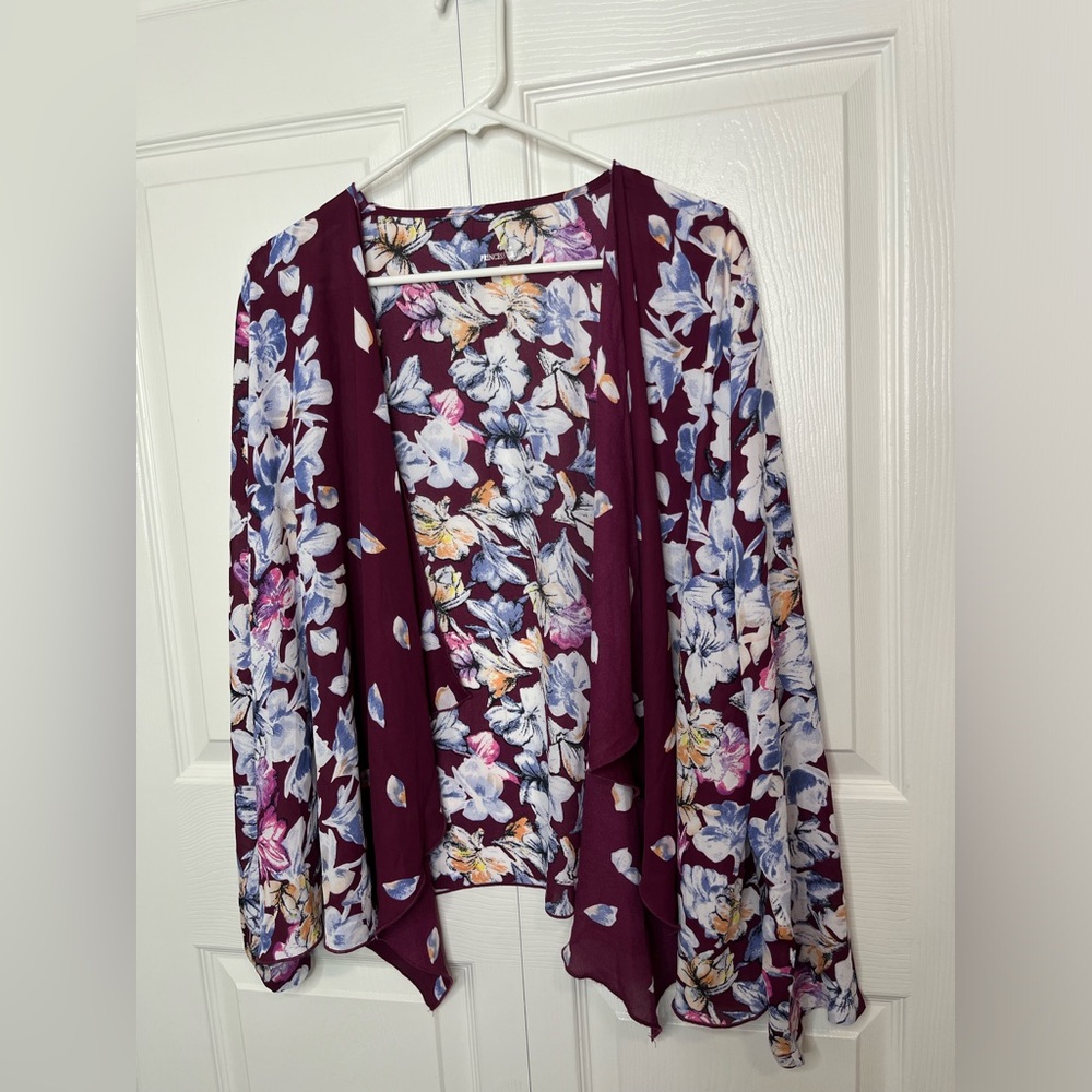 Princess Cruises Top Womens Large Kimono Maroon Blue Floral‎ Open Front Ladies L